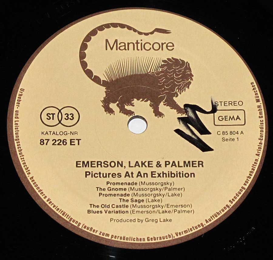 Close up of record's label Emerson Lake Palmer Pictures at an Exhibition ( Germany ) 12" Vinyl LP Album Side One