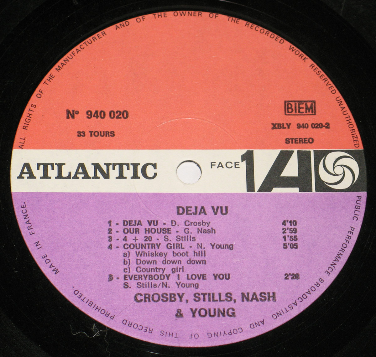 "Deja Vu" Record Label Details: Red and Purple ColourAtlantic 940 020 XBLY , Made in France 