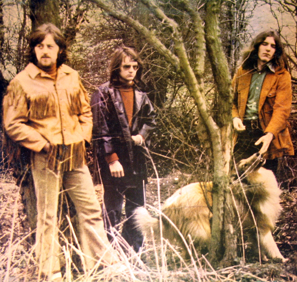 High resolution photo from the inside gatefold of Fairport Convention's 1970 album Full House. Three men stand in a woodland clearing among bare trees and tall dry grass. On the left, one wears a tan suede fringed jacket with matching trousers, hands in his pockets. At the center, another stands in a dark leather coat and sunglasses, his hair shoulder-length. To the right, a long-haired man in a rust-colored jacket holds a large collie dog with a tan and white coat. The subdued earthy tones reflect a rustic, early spring or autumn atmosphere.