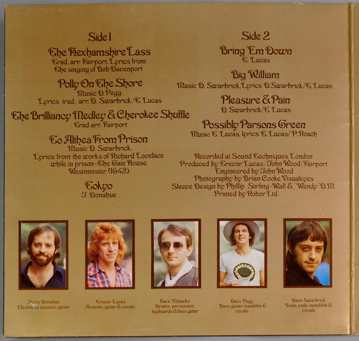 Inside gatefold of Fairport Convention's 1973 album 'Nine', showing tracklist, credits, and portraits of the five band members against a light brown background.