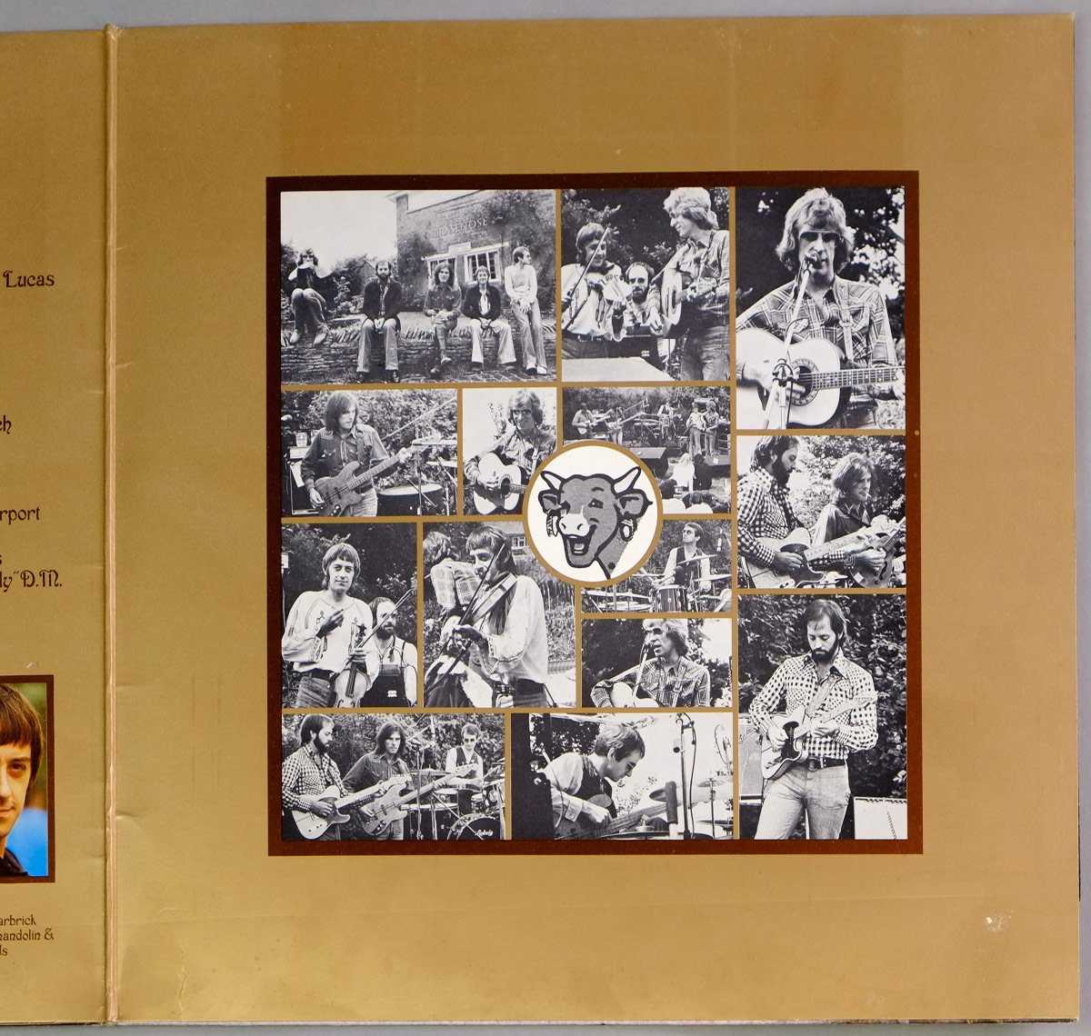 Montage of black-and-white rehearsal and performance photos of Fairport Convention from the 'Nine' album gatefold, featuring all five band members in candid and live moments, arranged around a hand-drawn cow head emblem.