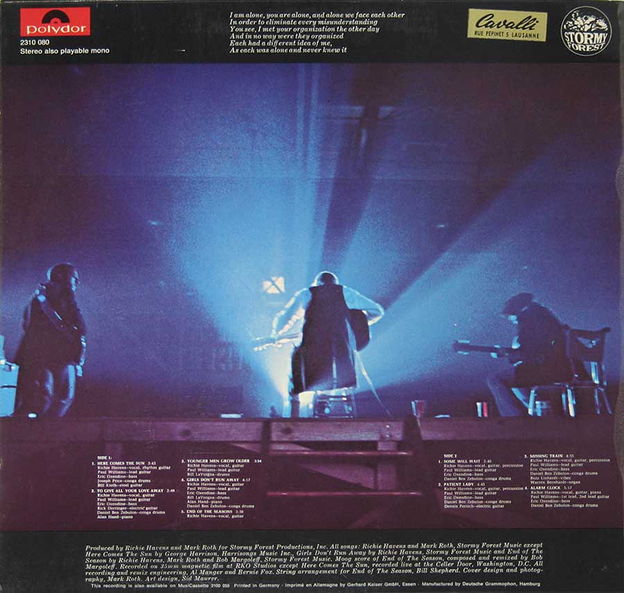 RICHIE HAVENS - Alarm Clock 12" Vinyl LP Album back cover