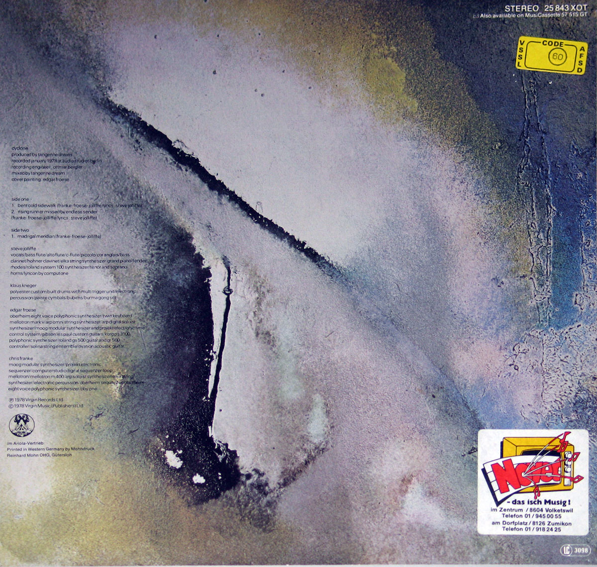 Back cover of Tangerine Dream's 1978 album Cyclone, released on Virgin Records in Germany. The artwork features a textured abstract background with blended hues of grey, pale violet, muted yellow, and soft blue, resembling weathered stone or a watercolor wash. On the left side, detailed liner notes and track listings are printed in small black text, listing song titles, musicians, instruments, and production credits. At the top right is the stereo designation with catalog number 25 843 XOT. A yellow rectangular price code sticker is placed in the upper right corner. At the bottom right, there is a white retail sticker with a red and yellow graphic logo and contact information for a music store in Volketswil, Switzerland. The overall impression is both artistic and utilitarian, combining abstract visual art with functional album information.