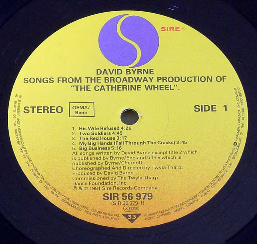 Close up of record's label DAVID BYRNE - The Catherine Wheel 12" LP Vinyl Album Side Two