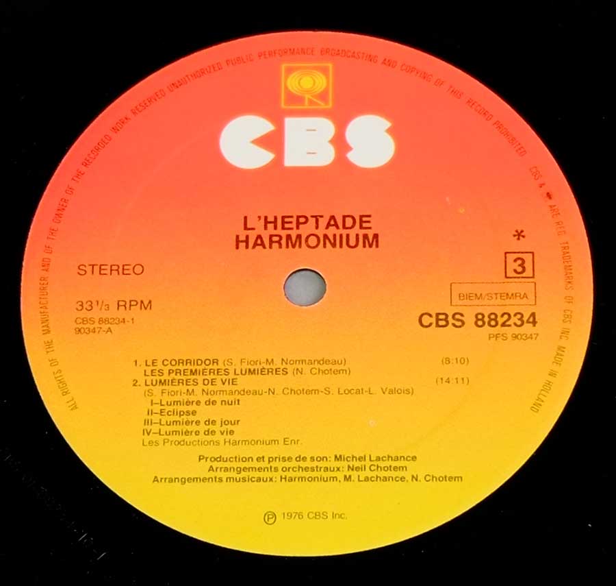 Close up of Side Three record's label HARMONIUM - L'Heptade Gatefold 2LP 12" VINYL Album
