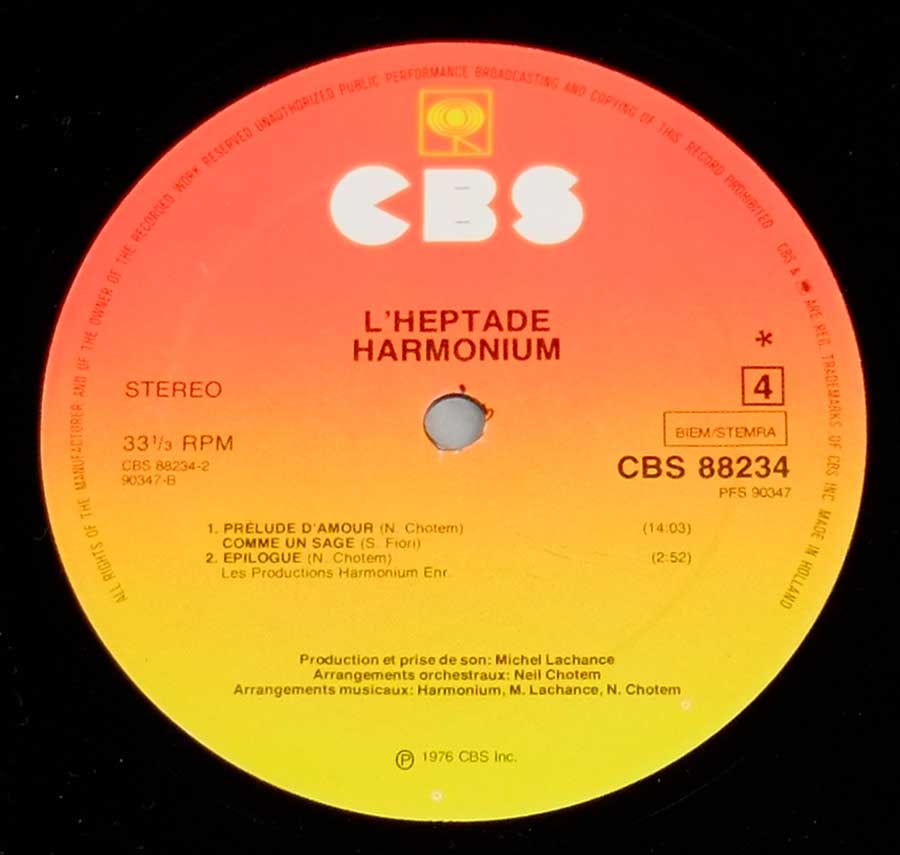 Side Four Close up of record's label HARMONIUM - L'Heptade Gatefold 2LP 12" VINYL Album
