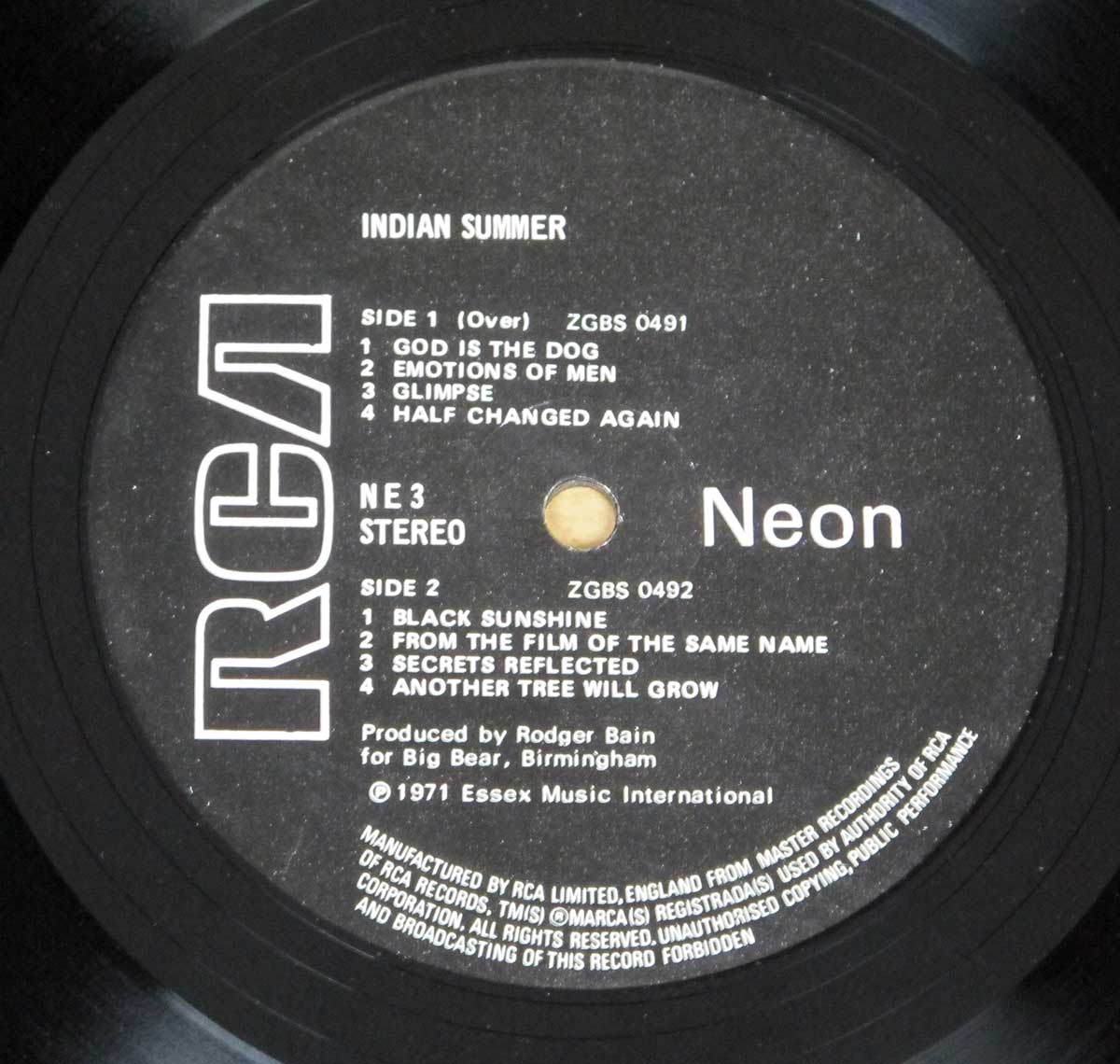 Close-up Photo of "INDIAN SUMMER - Self-Titled NEON NE 3" Record Label 