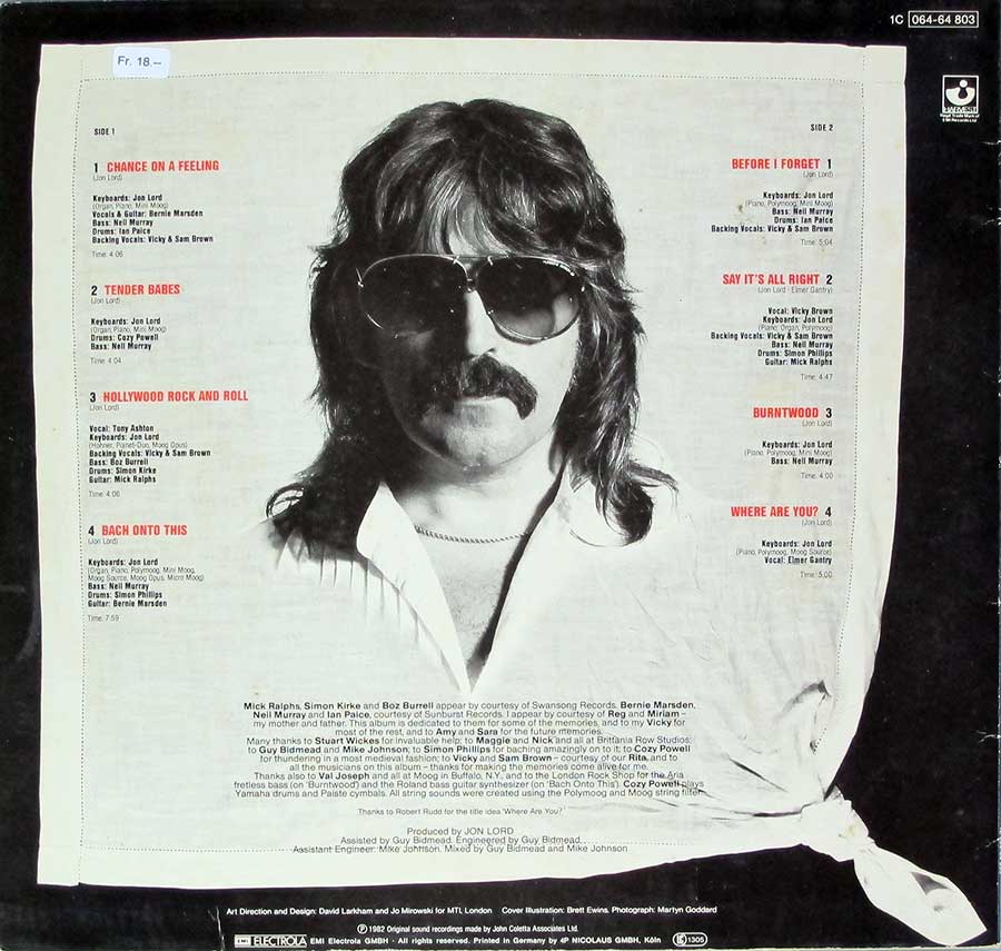 JON LORD - Before I Forget Orig Elephant 12" LP Vinyl Album back cover