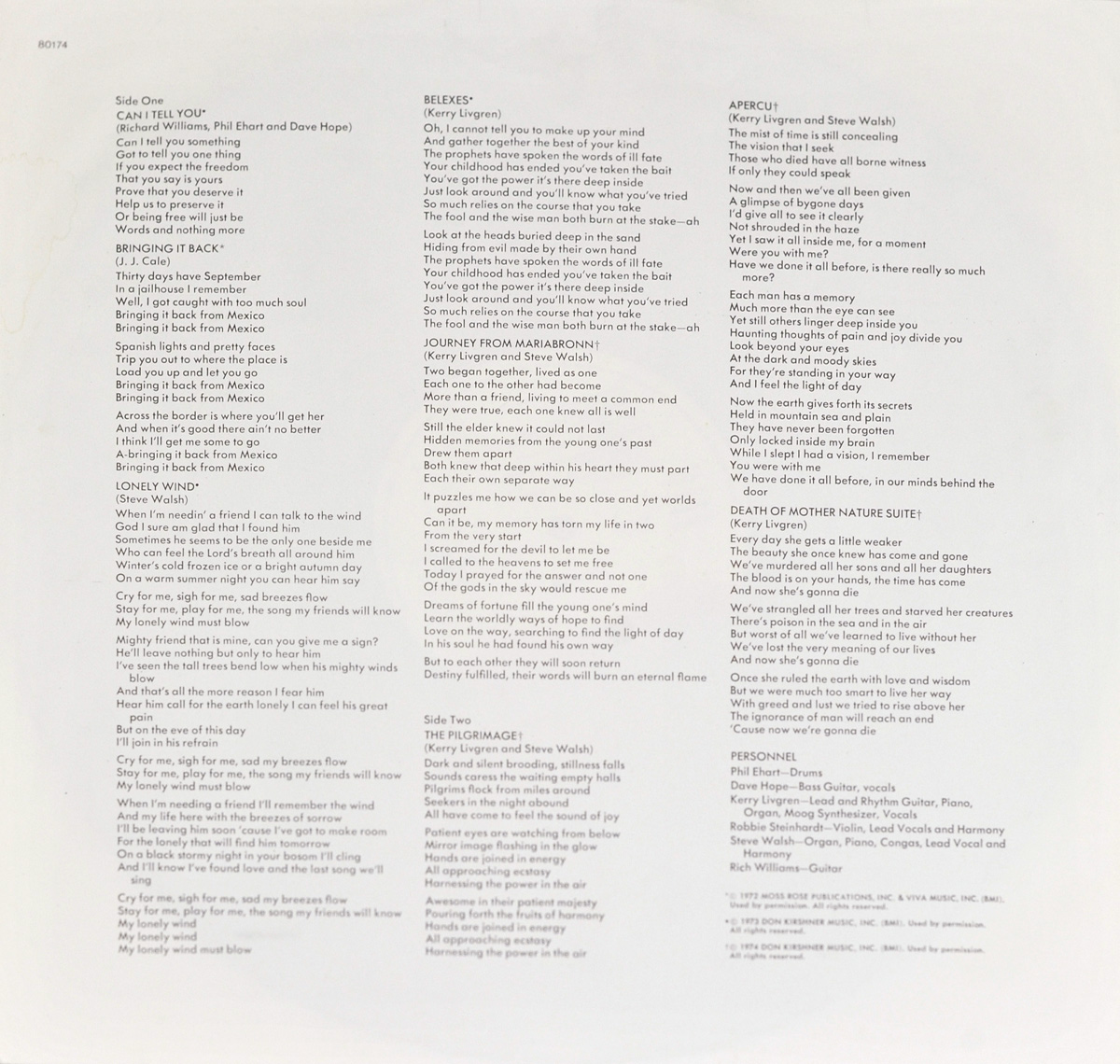Large Hires Photo Inner Sleeve   of "KANSAS - Self-Titled" Album