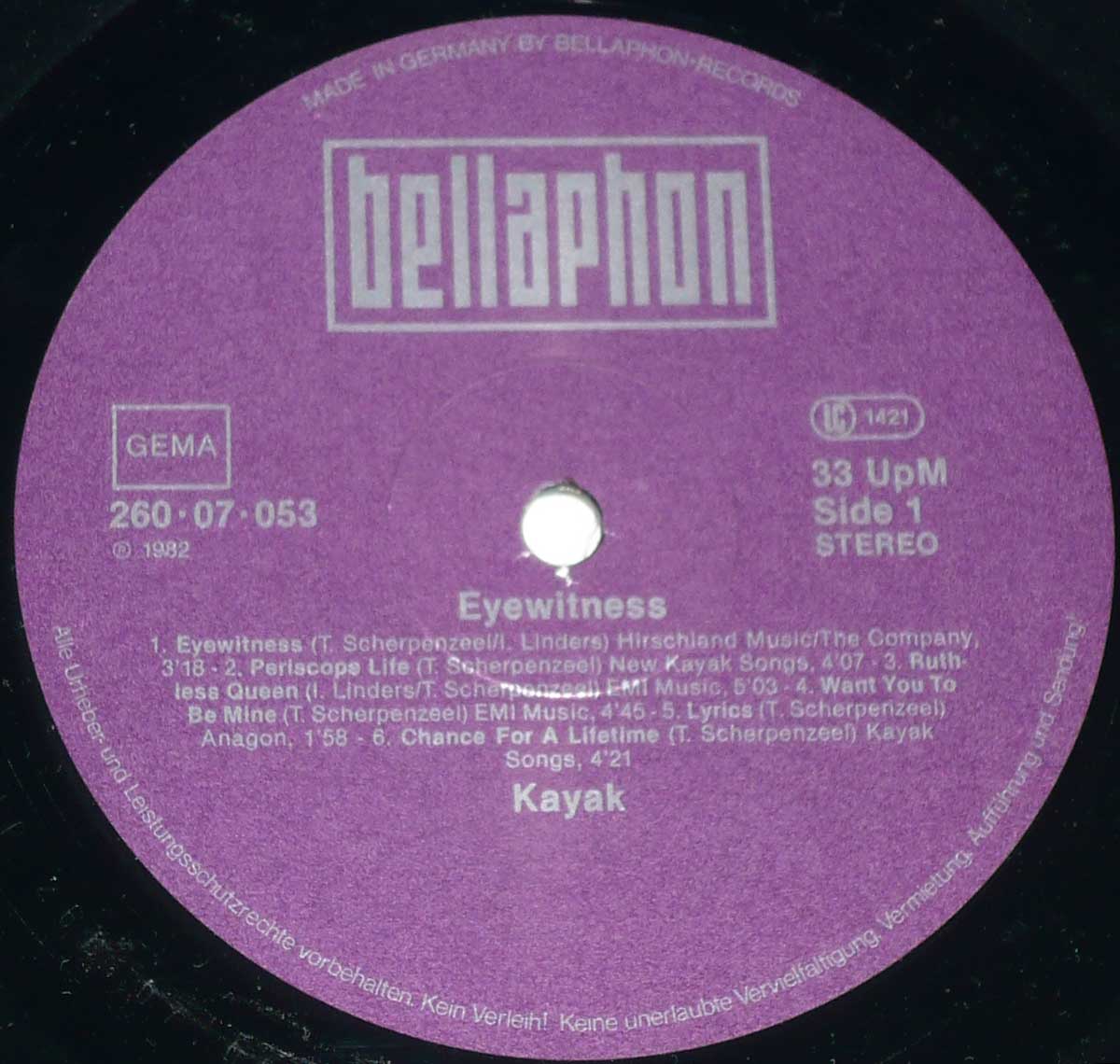 Close-up Photo of "Eyewitness (Live)" Purple Bellaphon Record Label  