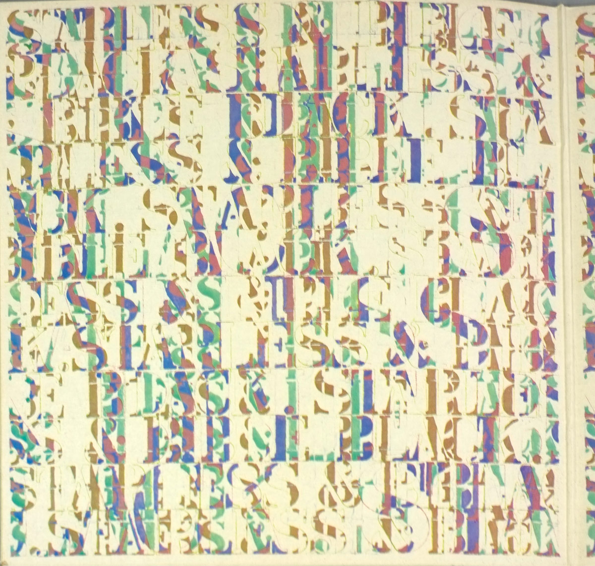Inside gatefold of King Crimson’s 1974 album 'Starless and Bible Black' displays a dense collage of the album title repeated in layered stencil typography. The overlapping words form an abstract mosaic in pastel hues of blue, pink, beige, and green. Designed by Tom Phillips, the visual texture evokes both chaos and structure, mirroring the music’s tension between composition and improvisation. The image covers both gatefold panels, creating a continuous, immersive field of fragmented text and color.