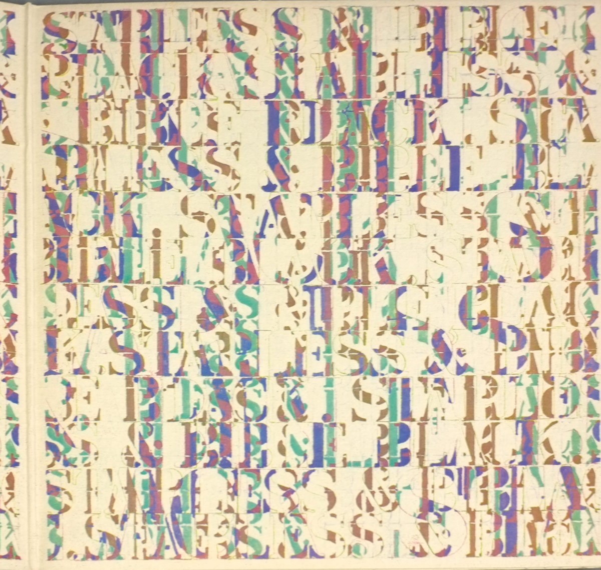 The second inside gatefold panel of King Crimson’s 1974 album 'Starless and Bible Black' continues the abstract typography theme. The design repeats the album title in layered stencil text across both pages, rendered in shifting pastel hues of mauve, turquoise, beige, and rose. The repetition forms a hypnotic tapestry of overlapping words, creating a rhythmic and visual echo of the band’s intricate musical style. Designed by Tom Phillips, it merges literary form and abstract art in a seamless, textured continuum.
