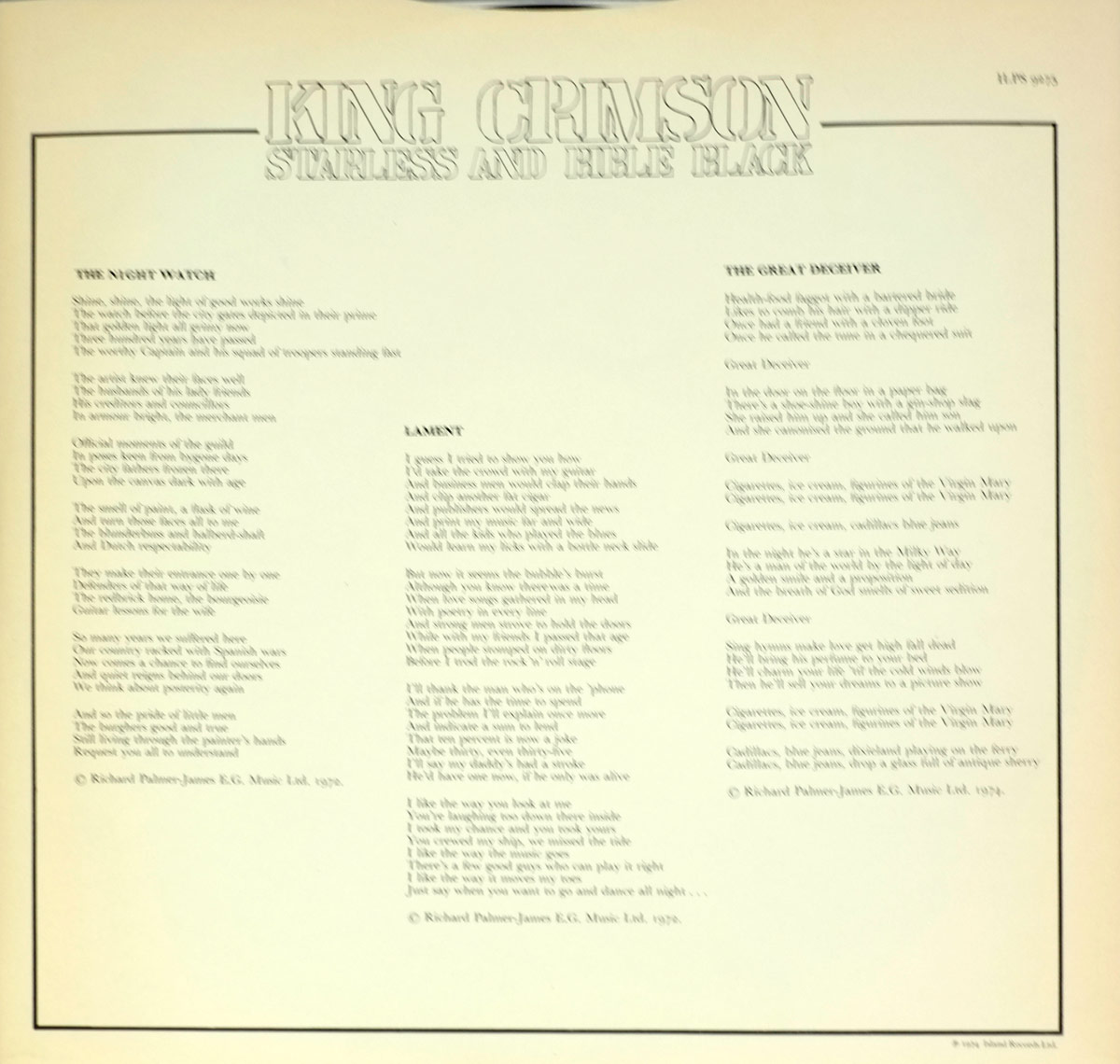 The first side of the custom inner sleeve for King Crimson’s 1974 album 'Starless and Bible Black' presents printed lyrics for 'The Night Watch', 'Lament', and 'The Great Deceiver'. The layout features the album title embossed in a shadowed serif font at the top, with black text arranged in three lyric columns within a thin rectangular frame. The cream background and minimalist design echo the main cover’s restrained aesthetic, balancing clarity and elegance. This sleeve combines literary focus with fine graphic precision, reflecting King Crimson’s intellectual approach to rock.