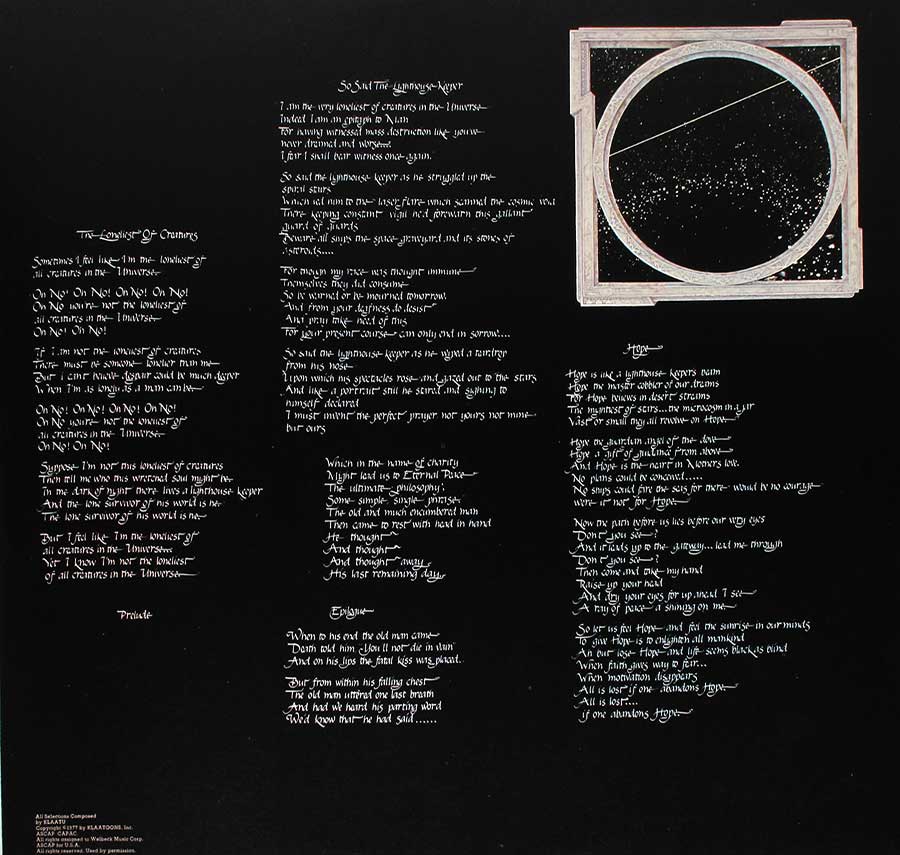 KLAATU - Hope 12" Vinyl LP Album custom inner sleeve