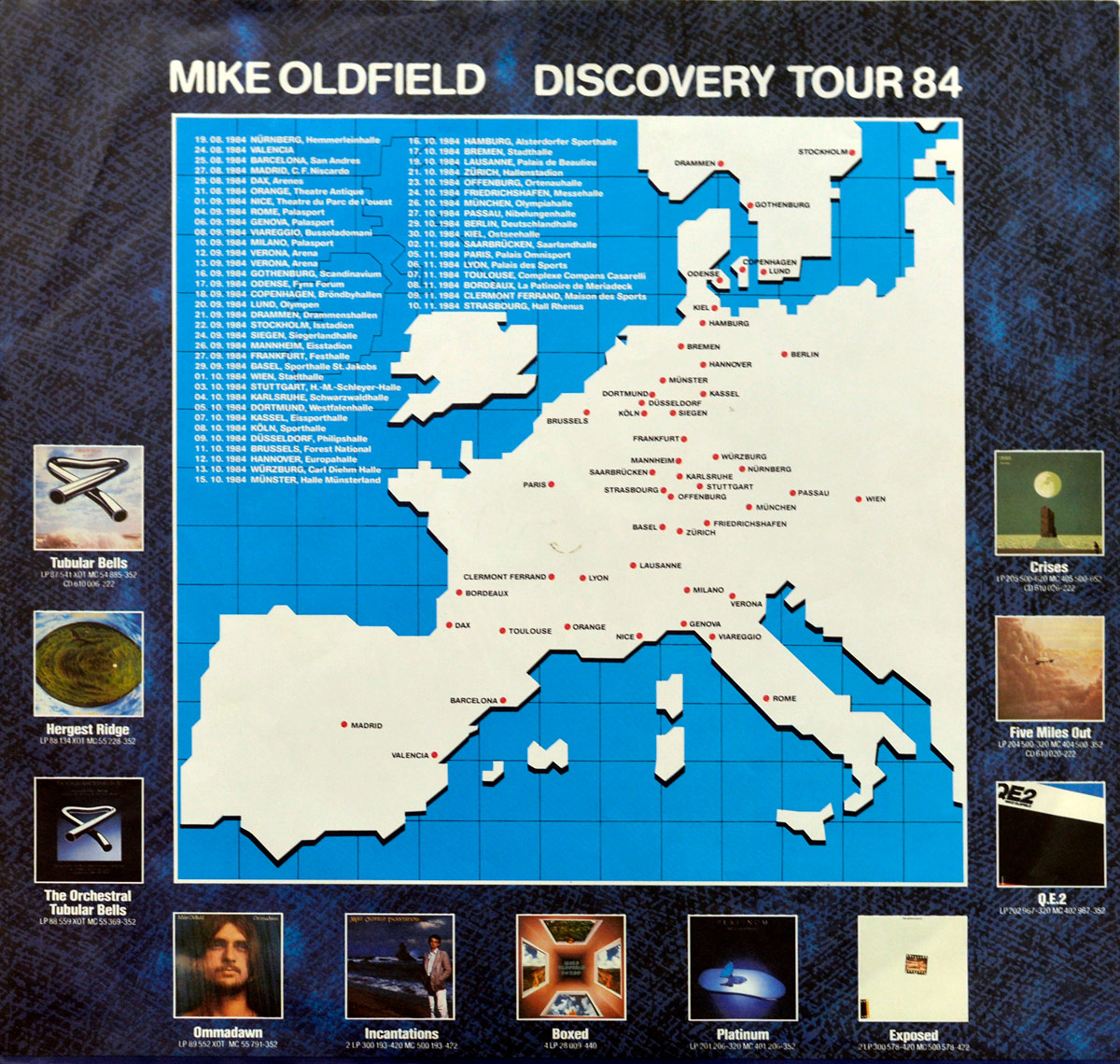 MIKE OLDFIELD Discovery Tour 84 inner sleeve: European map with red dots marking concert cities, surrounded by images of past albums like Tubular Bells and Crises.