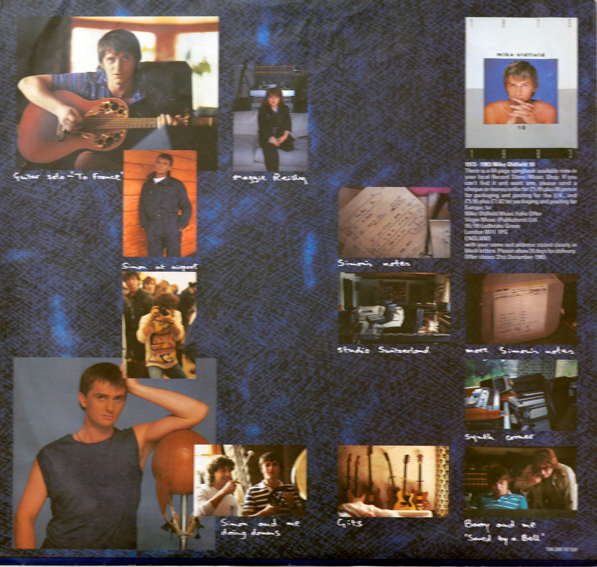MIKE OLDFIELD Discovery inner sleeve collage: candid studio photos, musicians, gear, handwritten notes, and guitars reflecting the album's creation process.