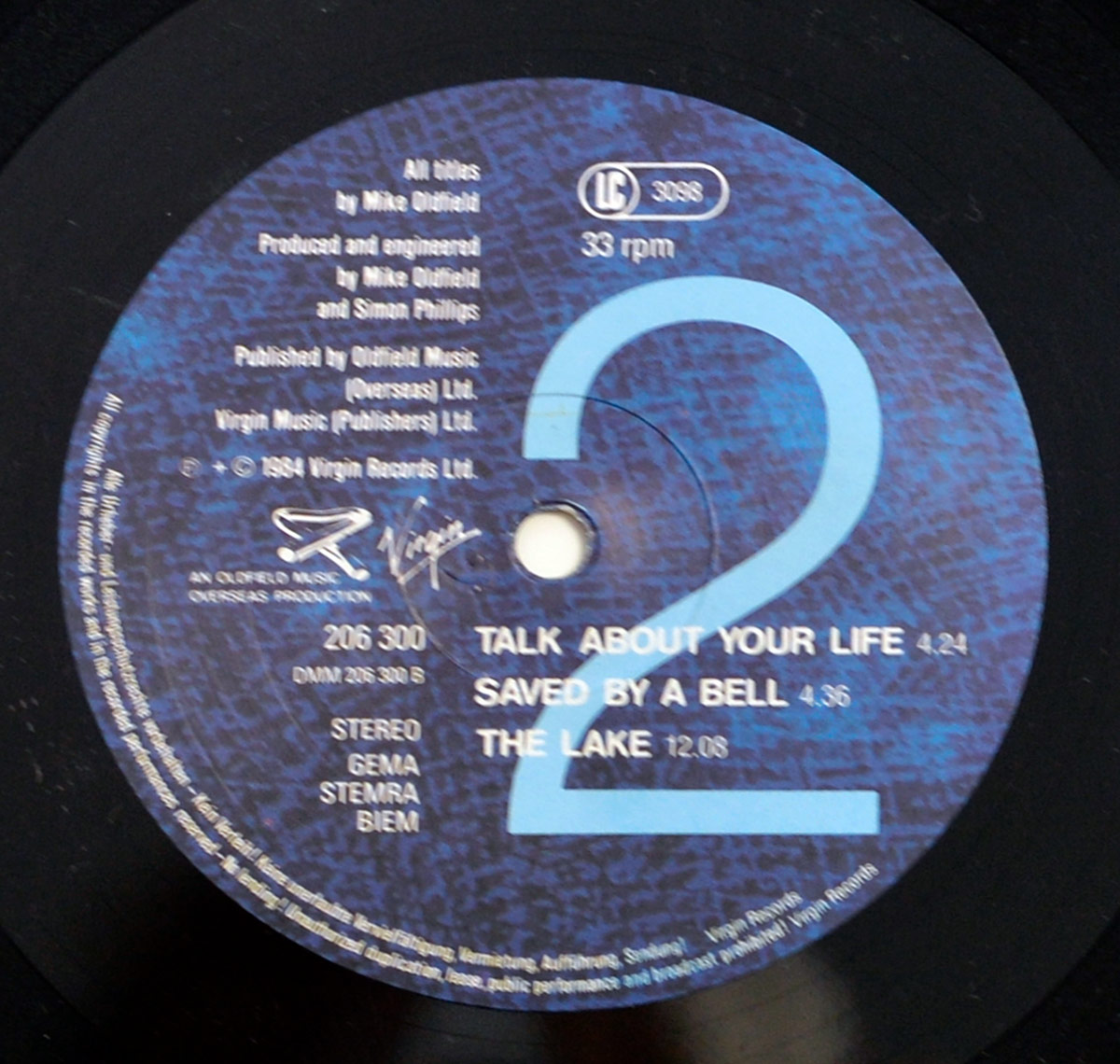 MIKE OLDFIELD Discovery vinyl Side Two label with blue textured design, large number 2, tracklist including The Lake, and Virgin Records logo