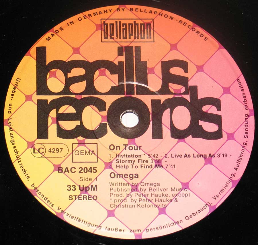 Close up of record's label OMEGA - On Tour 12" Vinyl LP Album Side One