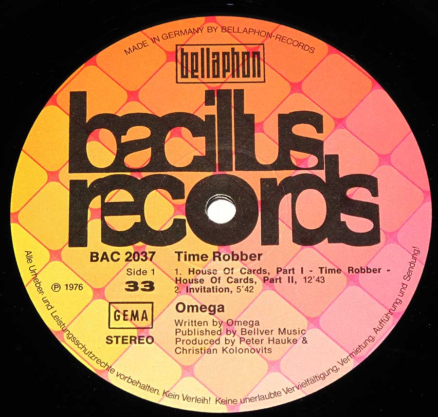 "Time Robber" Record Label Details: Bellaphon BACILLUS Records BAC 2037, Made in Germany ℗ 1976Sound Copyright 
