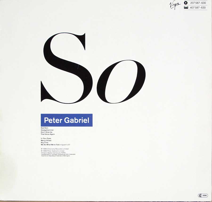 PETER GABRIEL - SO - Progressive Rock Virgin White Label 12" LP Vinyl Album back cover