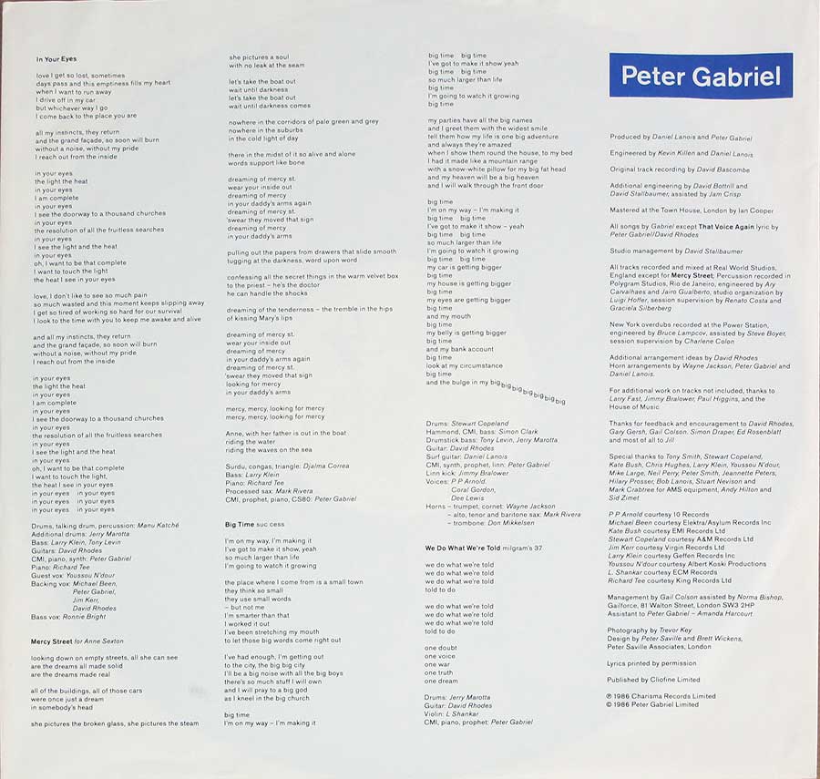 PETER GABRIEL - SO - Progressive Rock Virgin White Label 12" LP Vinyl Album custom inner sleeve