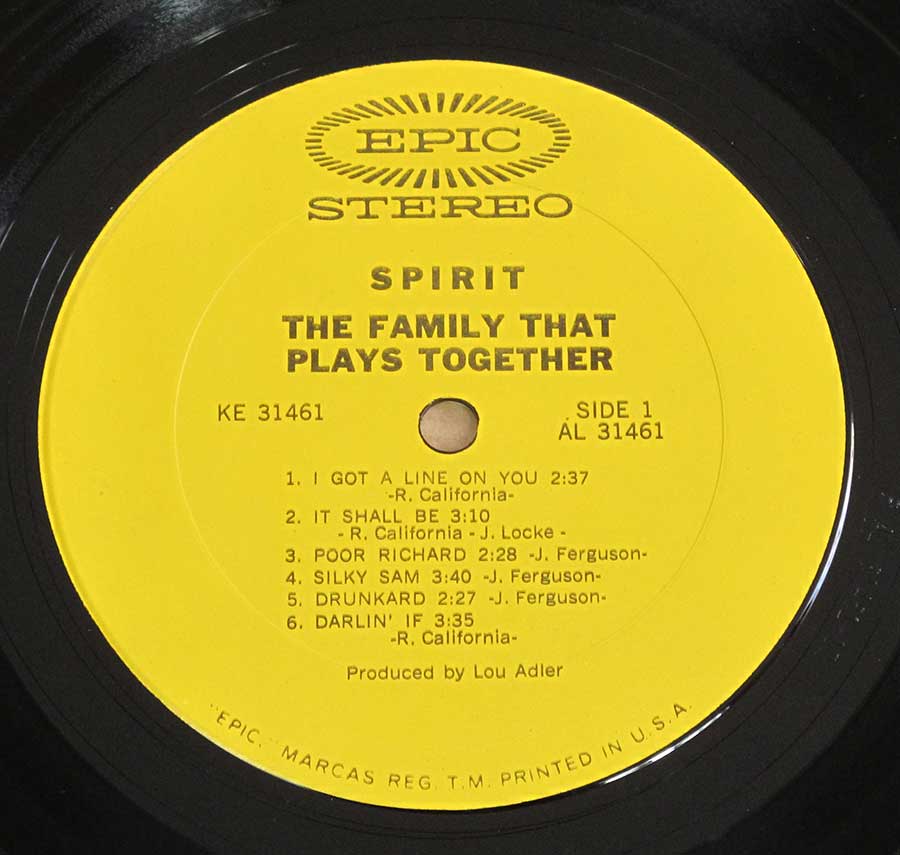 Close up of record's label SPIRIT - The Family That Plays Together 12" LP Vinyl Album Side One