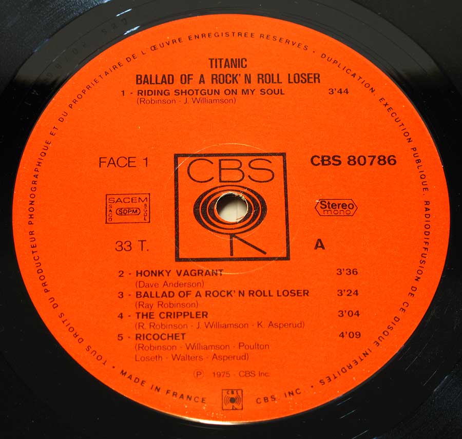 Close up "Ballad Of A Rock 'N' Roll Loser" CBS Walking Eye logo around spindle hole Record Label Details: CBS 80786 , Made in France, SACEM 