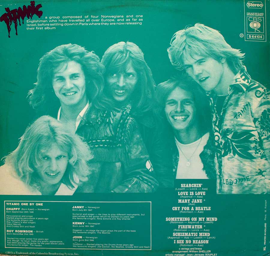TITANIC - Self-Titled Dutch ExporT 12" Vinyl LP Album back cover