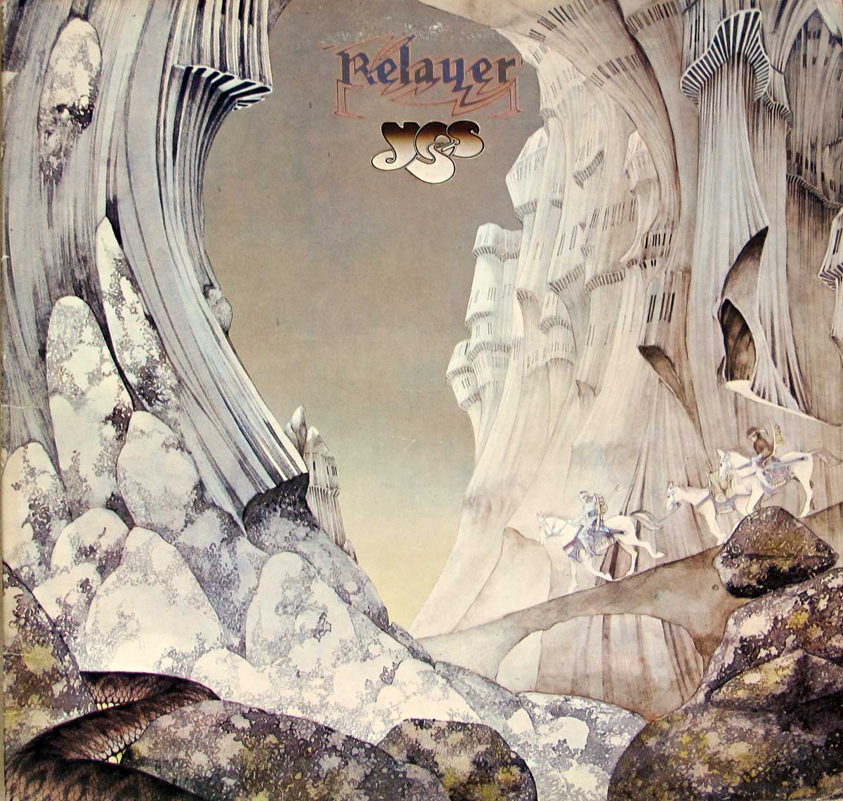 Cover of Yes's Relayer album featuring a surreal, monochromatic landscape with towering rock formations and armored figures on horseback. Artwork by Roger Dean.