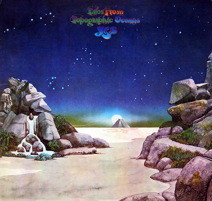 Cover of Yes's Tales from Topographic Oceans album featuring a serene, otherworldly landscape with rock formations, a waterfall, and a starlit sky. Artwork by Roger Dean https://vinyl-records.nl