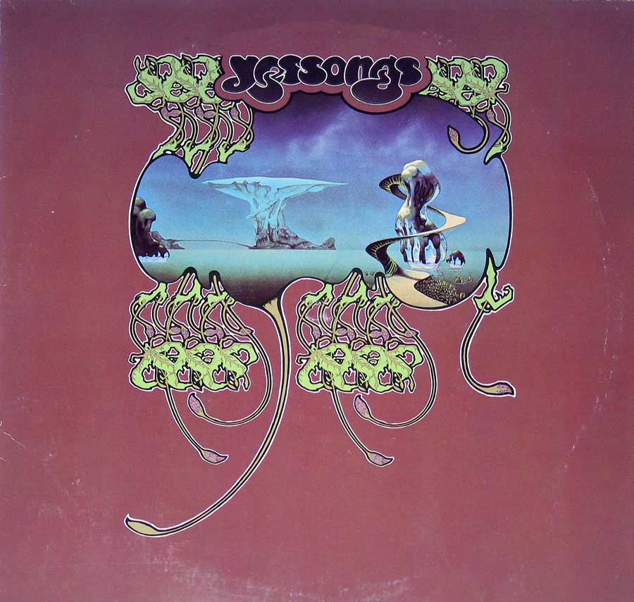 Cover of Yes's Yessongs album featuring a central surreal landscape framed by ornate, organic shapes against a warm red background. Artwork by Roger Dean.