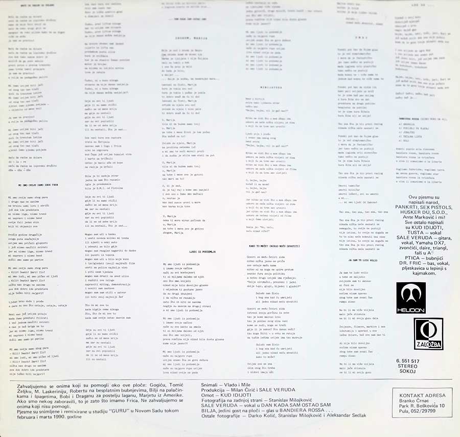 Photo Two of the original custom inner sleeve  KUD IDIJOTI - Mi Smo Ovdje Samo Zbog Para Jugoslavia 12" LP Vinyl Album