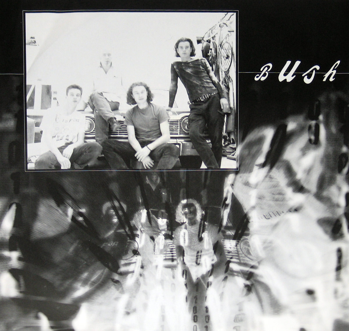 BUSH - Sixteen Stone custom inner sleeve: A black-and-white collage featuring a high-contrast photograph of the band sitting on a classic car, overlaid with a distorted, abstract image filled with binary code and motion blur effects. The band's name, 'Bush,' appears in cursive in the upper right corner.