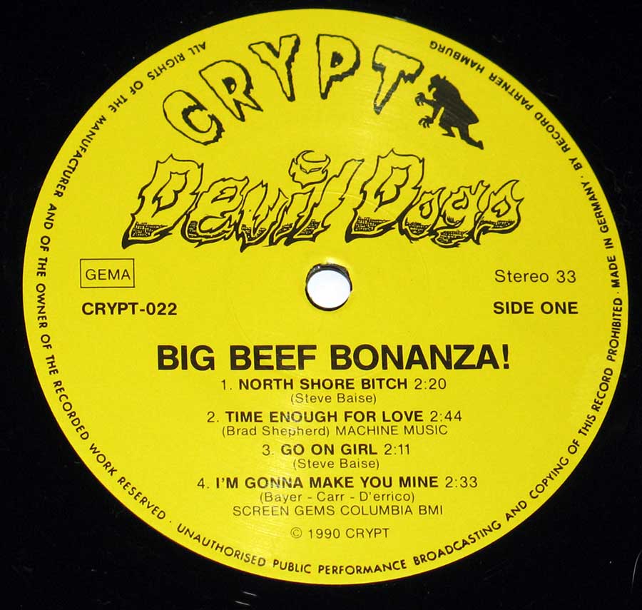 Close up of record's label Devil Dogs - Big Beef Bonanza! 12" Vinyl LP Album Side Two