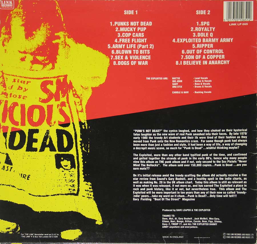Large Hires Photo "Punks Not Dead" Album Back Cover