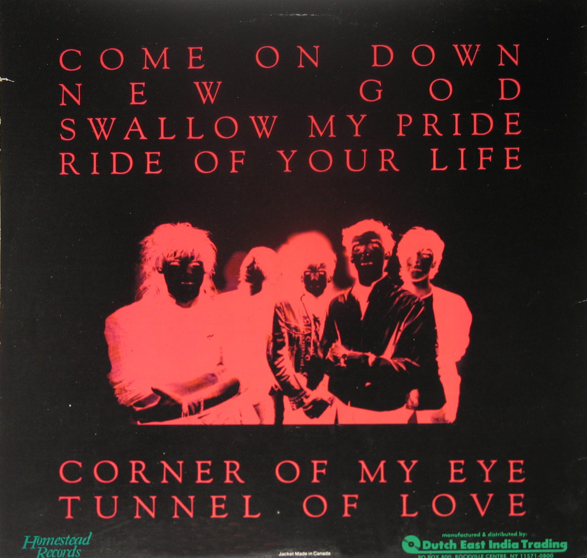 Back cover of Green River's 'Come On Down'. The design features a dark background with a high-contrast red and black silhouette of the band members, creating an eerie glow effect. The tracklist is displayed in bold red capital letters across the top and bottom. Homestead Records and Dutch East India Trading logos are present at the bottom corners.