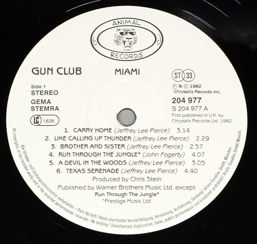 THE GUN CLUB - Miami Animal Records 12" LP Vinyl Album enlarged record label