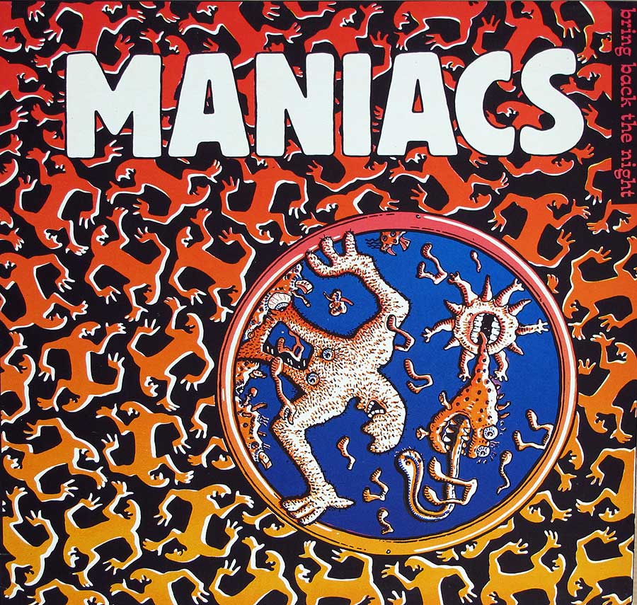 Album cover of “Maniacs - Bring Back the Night” featuring a vibrant and chaotic design with abstract human-like figures in orange, red, and yellow against a black background. The centre showcases a surreal illustration of an anthropomorphic creature in a circular frame with a blue background. Bold white text spells “Maniacs” at the top, with “bring back the night” written vertically on the right side. cover https://vinyl-records.nl