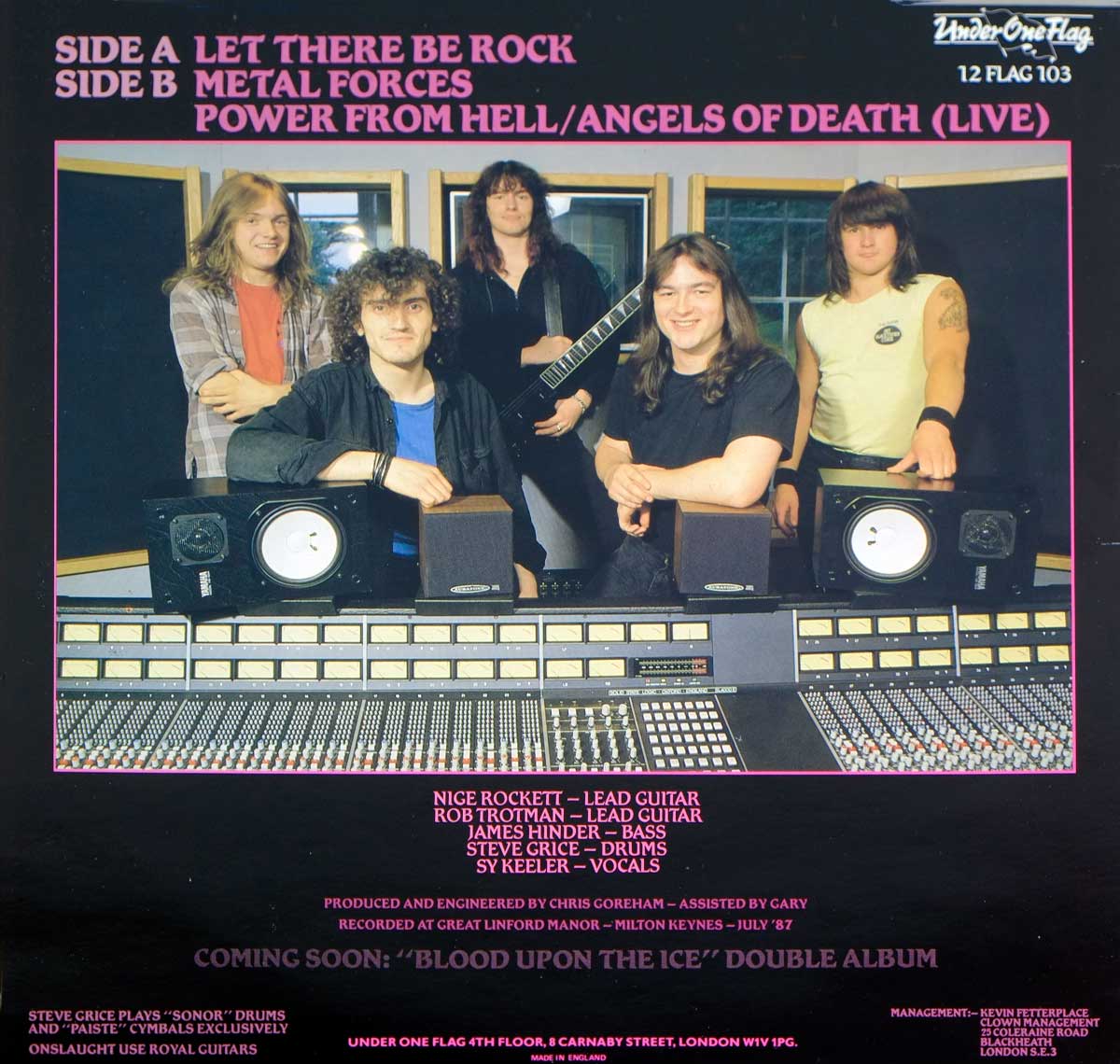 Photo of the ONSLAUGHT band-members in the recording studio   