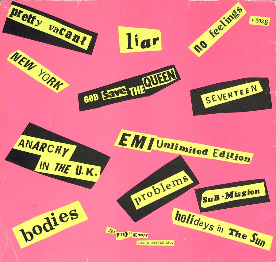SEX PISTOLS - Never Mind The Bollocks Orig Uk V 2086 Yellow Cover, Green Virgin 12" LP Vinyl Album back cover