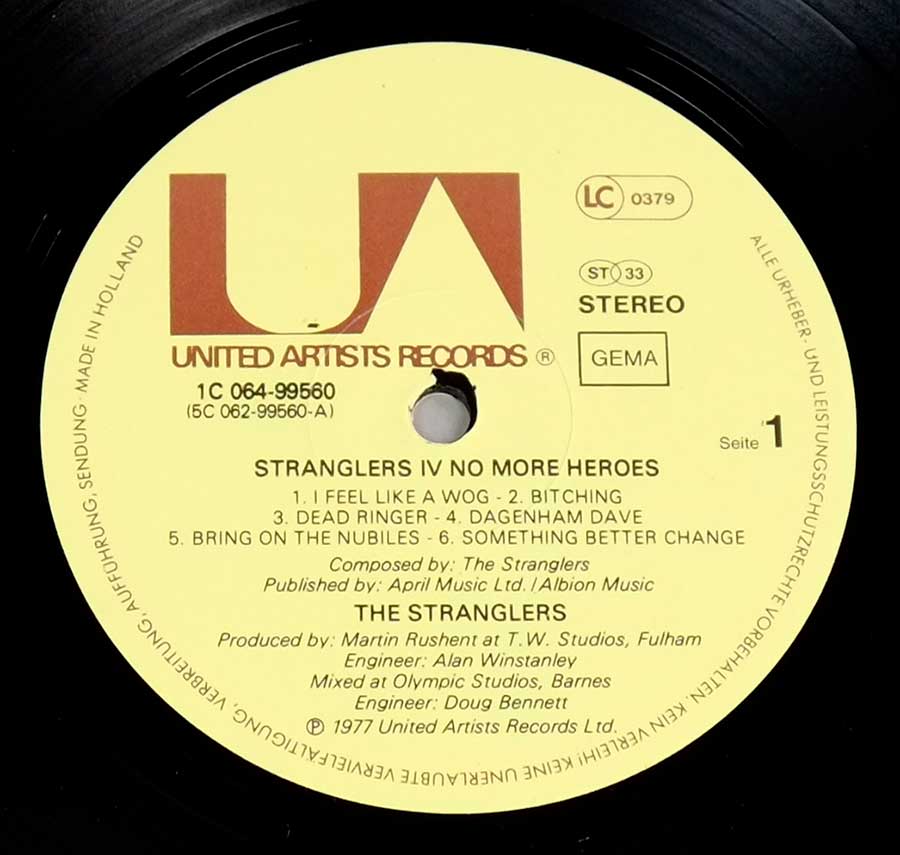 Close up of record's label STRANGLERS - No More Heroes Side One