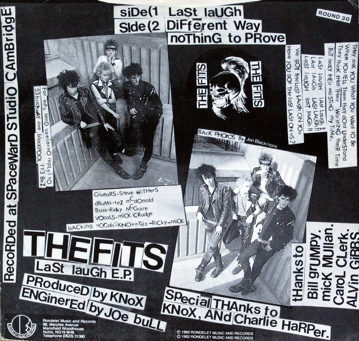 ‘Back cover of The Fits’ “The Last Laugh E.P.” featuring a collage of black-and-white band photos with members in punk attire, including leather jackets and spiked hair. The chaotic layout includes handwritten-style text with track titles (“Last Laugh,” “Different Way,” “Nothing to Prove”), band member credits, production details, and a skull logo with a mohawk. The design reflects a raw DIY punk aesthetic, with recording and label information from Spaceward Studio and Rondelet Music and Records.’