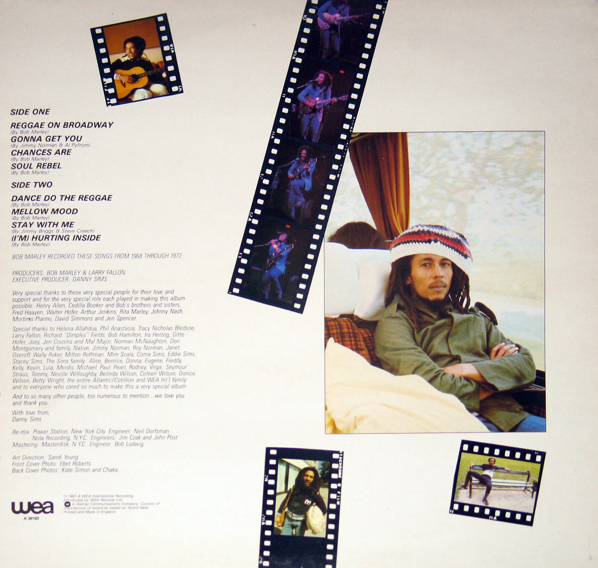 Back cover of Bob Marley's 'Chances Are' LP. Features tracklist, production credits, filmstrip-style photos of Marley performing, and a candid shot of him seated in a bus wearing a Rasta hat.