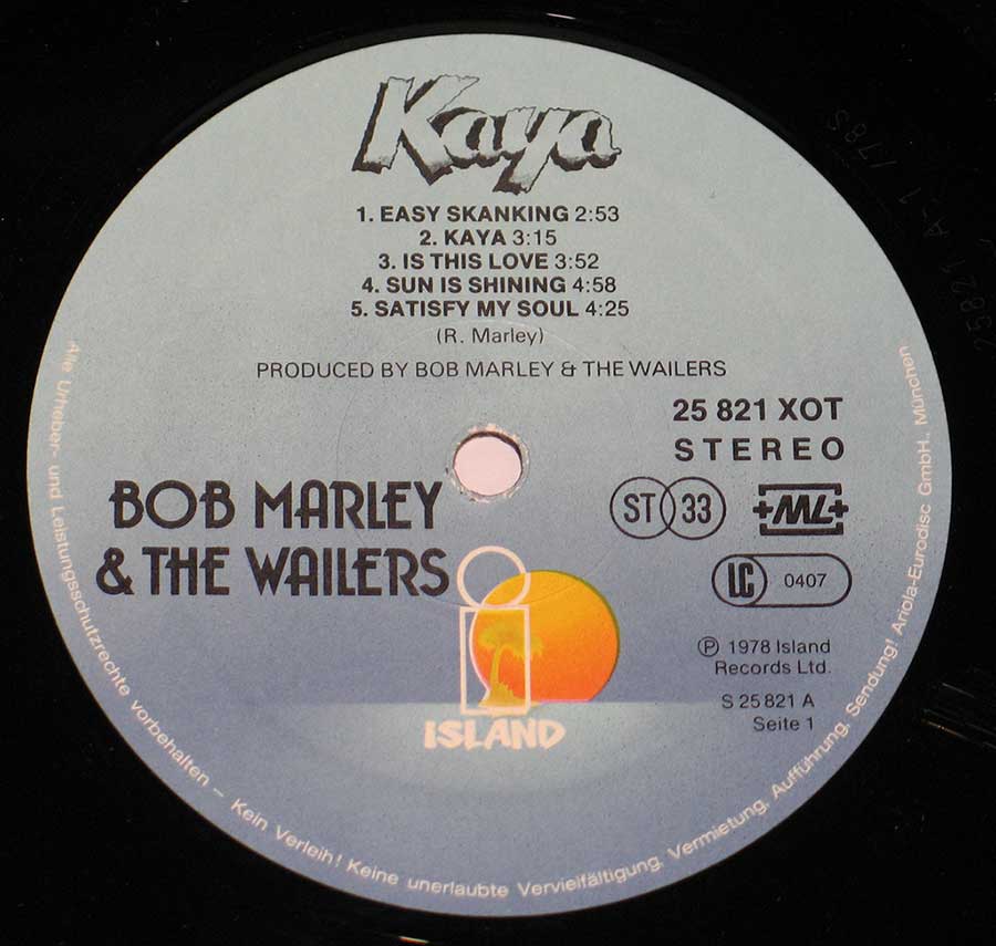 Close up of record's label BOB MARLEY - Kaya ( Switzerland Release ) Side One
