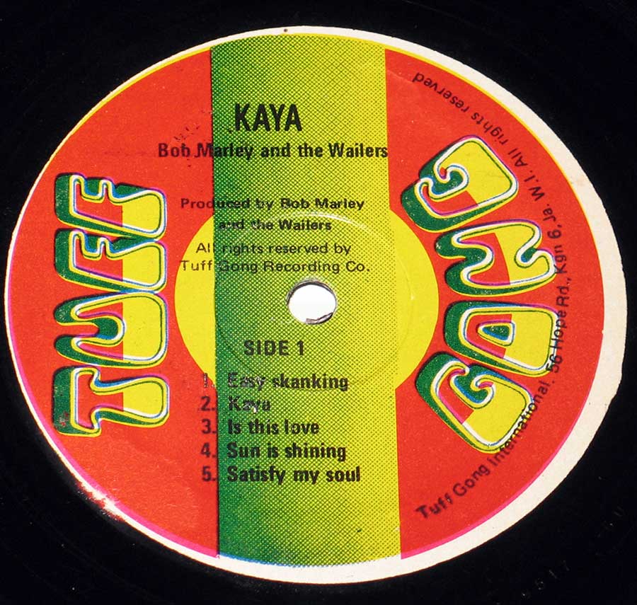 Close up of Side One record's label BOB MARLEY & THE WAILERS - Kaya Tuff Gong ( Jamaica Release ) 12" Vinyl LP Album
