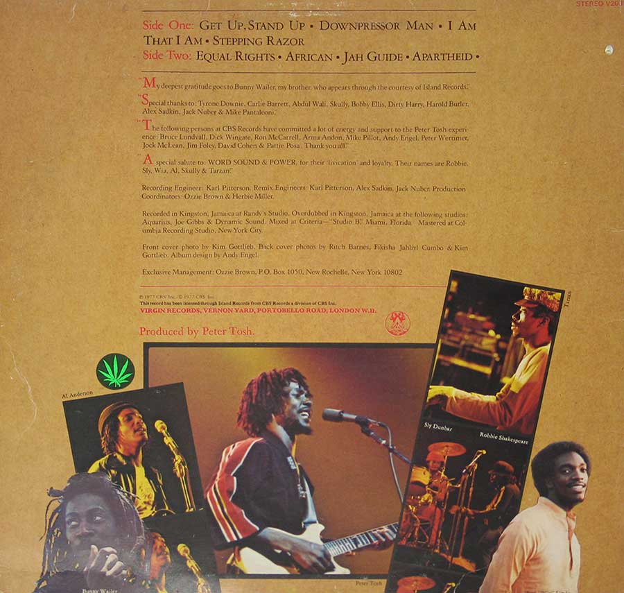 PETER TOSH - Equal Rights Virgin England 12" LP vinyl Album
 back cover