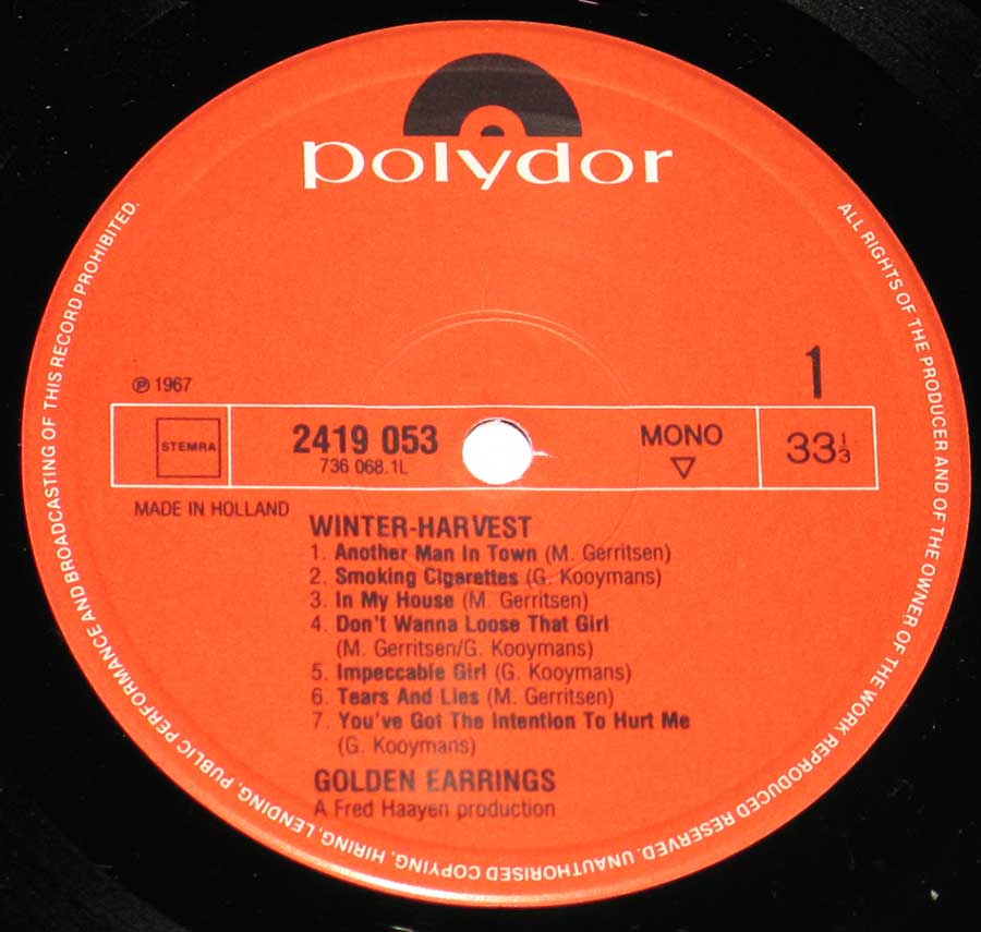 Close up of Side One record's label GOLDEN EARRINGS - Winter Harvest 12" Vinyl LP album