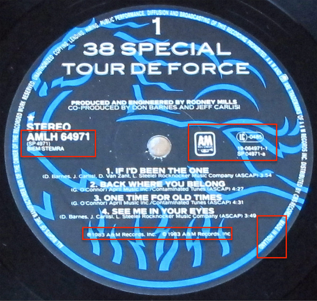 Close up of the 38 SPECIAL - Tour De Force record's label 