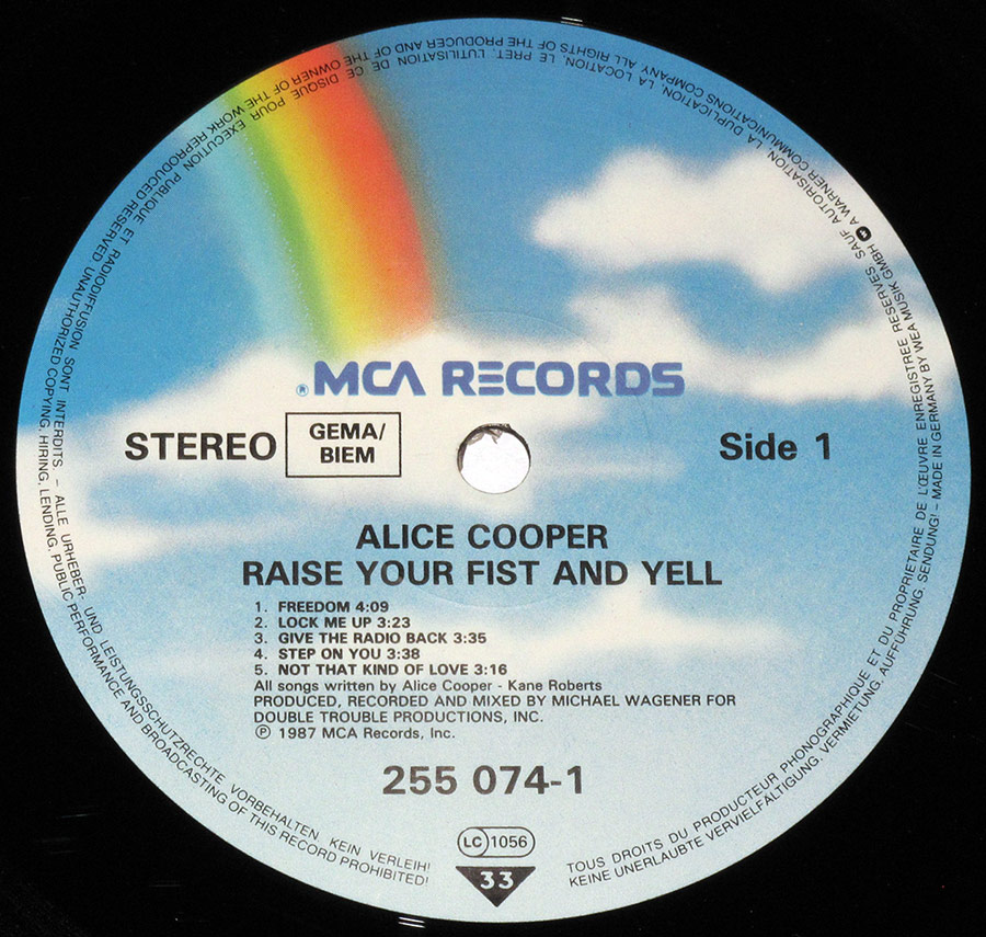 ALICE COOPER - Raise Your Fist And Yell 12" LP Vinyl Album
 enlarged record label