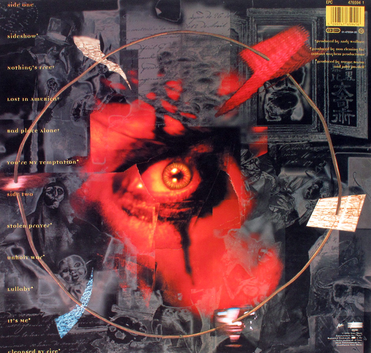 Back cover of Alice Cooper's 'The Last Temptation' 12 inch Vinyl LP. Features a large fiery eye, eerie faces, track listing, and production credits.